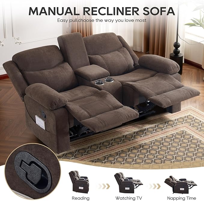 Recliner Sofa, Reclining Loveseat Sofa with Massage & Heat, Reclining Couch with Side Pockets, Extra Storage, Cup Holders for Living Room