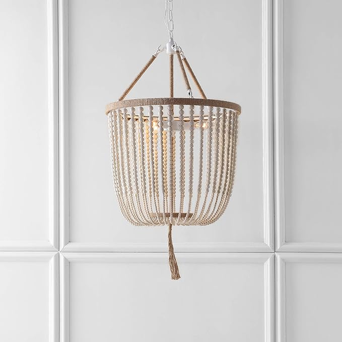 SAFAVIEH Lighting Collection – Angie Boho Farmhouse Cream 3-Light Beaded Adjustable Hanging Pendant Chandelier with Tassel, LED Bulbs Included (LIT4476A)