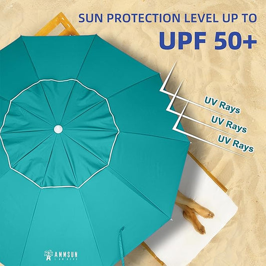 AMMSUN 8 Feet Large Beach Umbrella with Sand Anchor Heavy Duty High Wind Portable Outdoor Umbrellas UV 50+ Protection Air Vent Tilt Patio Garden Pool