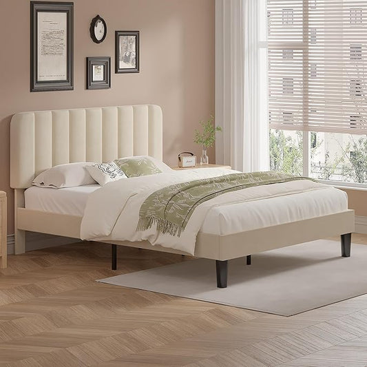 VECELO Full Size Bed Frame with Upholstered Headboard, Velvet Platform Bedframe Mattress Foundation, Strong Wood Slat Support, No Box Spring Needed,Bone Beige