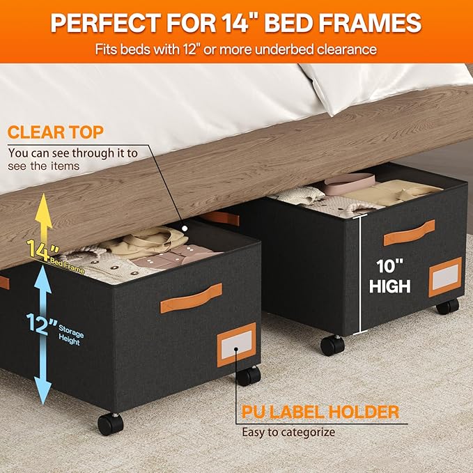 Under Bed Storage with Wheels, 12" Height Under Bed Storage Extra Deep Under Bed Storage Containers, Perfect for 14'' Bed Frame, No Assemble Metal Rolling Underbed Storage for Clothes Shoes Blankets