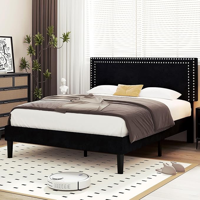 VECELO Full Size Bed Frame with Adjustable Upholstered Headboard, Wooden Slats Platform, Noise-Free Design, Easy Assembly