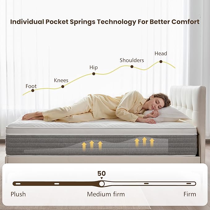 Queen Mattress, 12 Inch Queen Mattress for Medium Firm, Individual Pocketed Springs for Pressure Relief & Low Motion Transfer, CertiPUR-US Certified