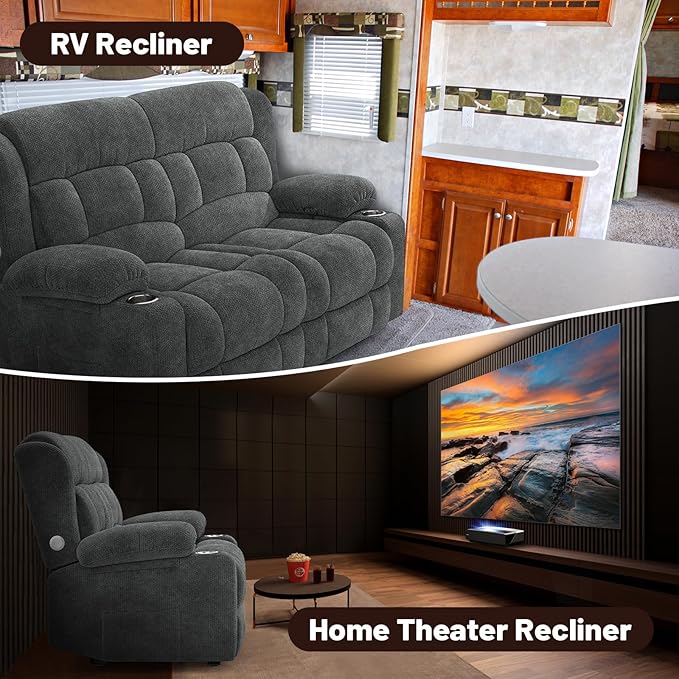 Loveseat Recliner Sofa, 2 Seater Minimalist Style Fabric Manual Pull Tab Reclining Loveseat with USB Charge Ports, Cup Holders, Recliner Love Seat Couches for Living Room, RV, Gray