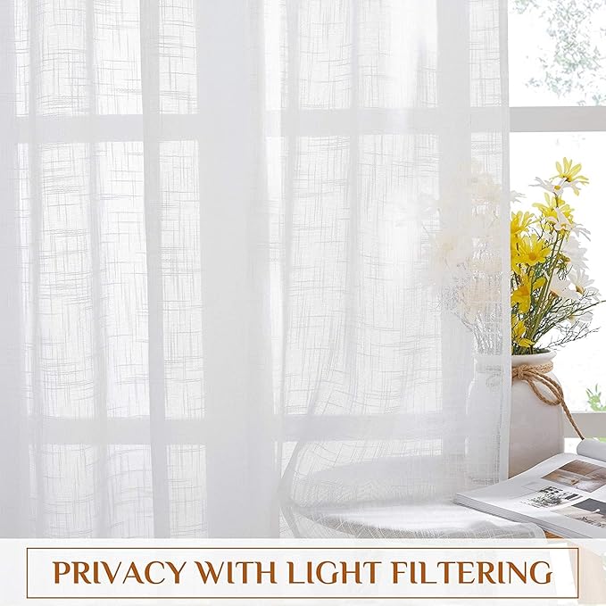 NICETOWN White Faux Linen Semi Sheer Curtains 63 inch Length for Bedroom, Rod Pocket & Back Tab Window Treatments Privacy with Light Filter Farmhouse Sheer Drapes for Living Room, 52" Width, 1 Pair