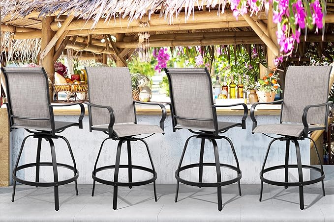 Shintenchi 4 Piece Patio Swivel Bar Chairs, All Weather Textile Outdoor Metal Bar Stools Patio Chairs Set of 4 with High Back, High Top Bistro Set Furniture for Balcony, Backyard, Garden, Deck, Taupe