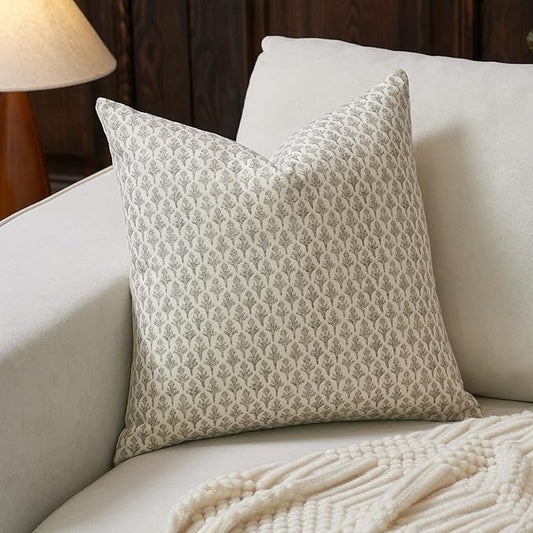 FIOUOVO Floral Pillow Covers 18x18 Pillow Cover Block Print Couch Pillows for Living Room Decorative Neutral Accent Throw Pillow Covers, 1PC, Light Taupe