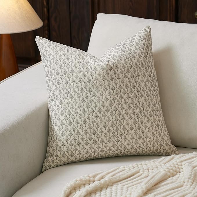 FIOUOVO Floral Pillow Covers 20x20 Pillow Cover Block Print Couch Pillows for Living Room Decorative Neutral Accent Throw Pillow Covers, 1PC, Light Taupe