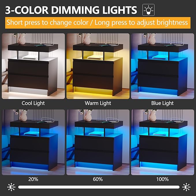 dnbss Nightstand with Charging Station and LED Light, Modern Night Stand with 2 Drawers, Smart Nightstand with USB Ports and Wireless Charger, Bedside Table for Bedroom (Black)