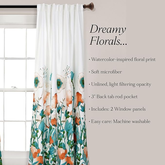 Lush Decor Zuri Flora Room Darkening Window Curtain Panels Pair 52" W x 84" L Turquoise & Orange - Room Darkening Curtains for Bedroom - Floral Curtains