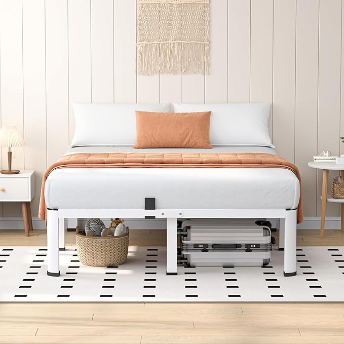 18 Inch White King Heavy Duty 3500 lbs Bed Frame with Round-Corner Legs & Anti-Squeak Design – Quick Assembly Metal Platform, No Box Spring Needed