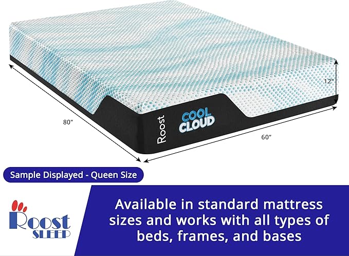 ROOST SLEEP Cool Cloud 12-Inch Full Mattress, Gel Memory Foam for Back Pain Relief & Cool Sleep, Medium Plush, CertiPUR-US Certified, Made in USA, Bed in a Box