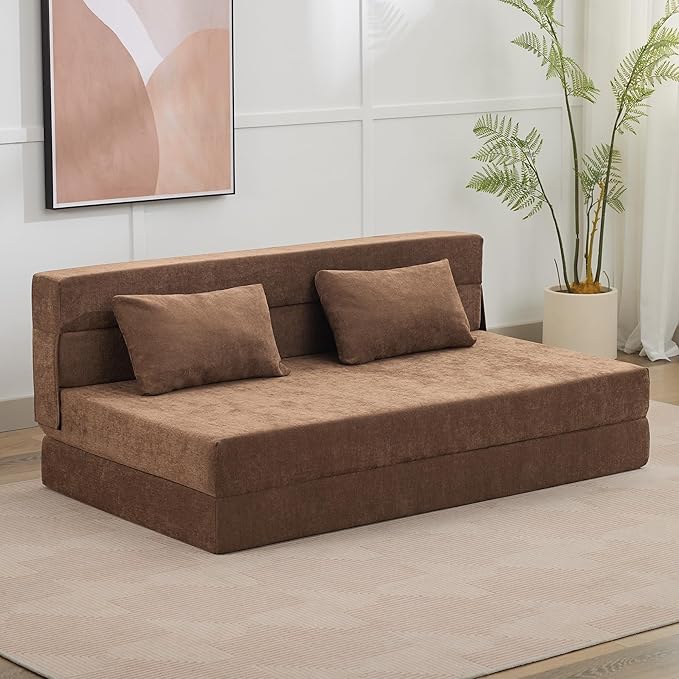 WUTUTUEE Folding Sofa Bed Floor Couch with Pillow, Foldable Chair Bed Convertible Linen Sleeper Chair Futon,Foldable Memory Foam Mattress for Bedroom/Living Room/Dorm/Office (Brown, Queen)
