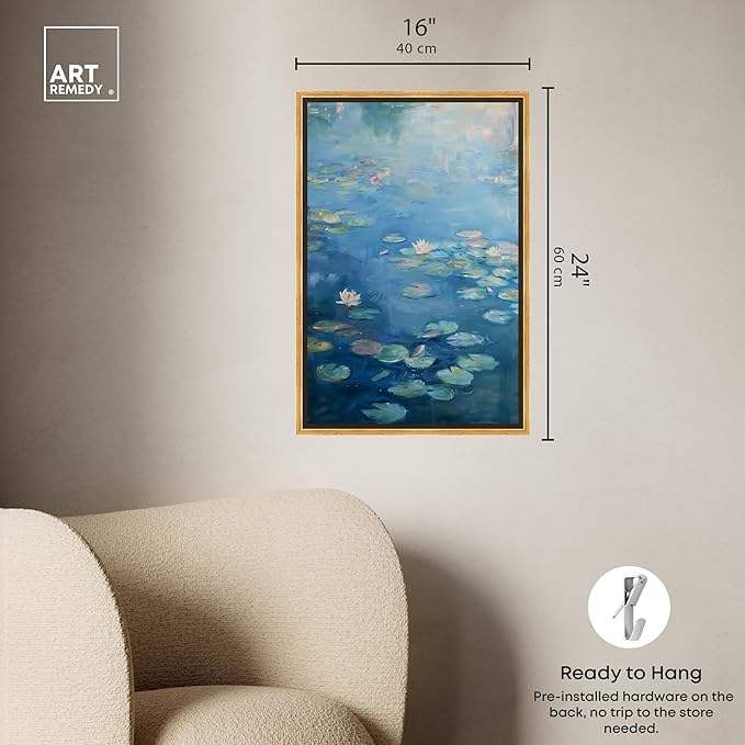 Art Remedy Lilypads In Blues Framed Impressionism 1 Piece Canvas Wall Art/Monet And Van Gogh Inspired Art, 17.5" x 25.5", Gold Frame