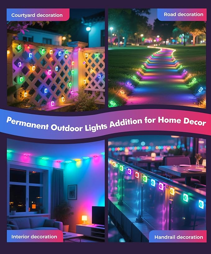 POOFZY Permanent Outdoor Lights for House,49ft RGB+IC Smart Outdoor Decor, 50 Scene Modes,App/Remote Control,IP67 Waterproof,for Christmas,Halloween,Daily & Holiday Party Decor,House Roof Lighting