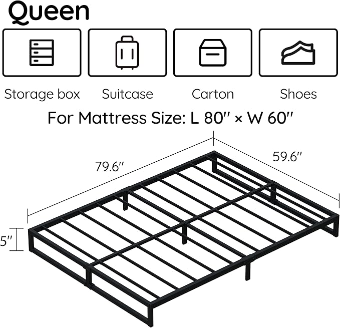 5 Inch Queen Bed Frame Metal Platform Mattress Foundation with Steel Slat Support, No Box Spring Needed, Easy Assembly, Black