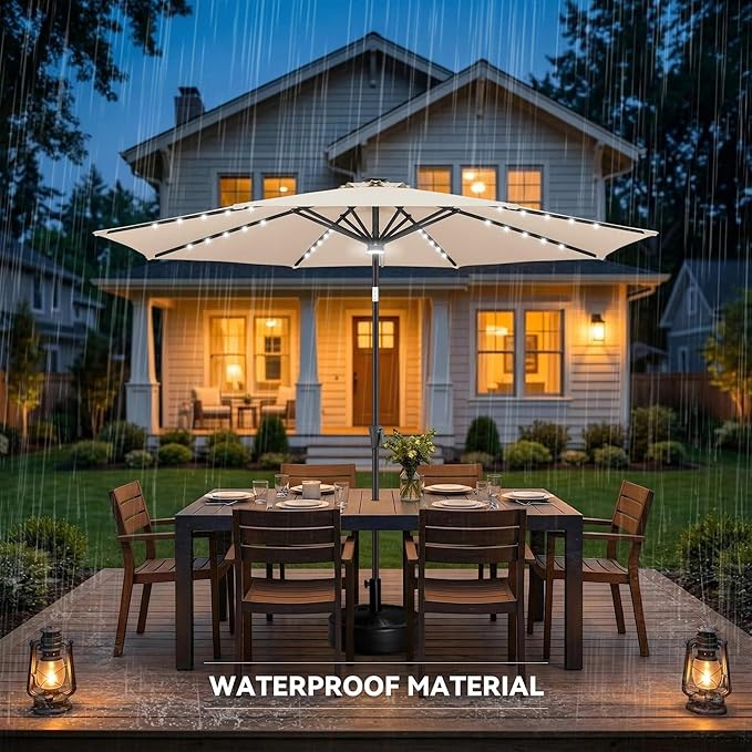 10ft Solar Umbrella Outdoor - Lighted Solar Patio Umbrella with 40 LED Lights Waterprool UV Protection, Table Umbrella with Tilt for Pool, Porch, Garden, Deck, Backyard (Beige)