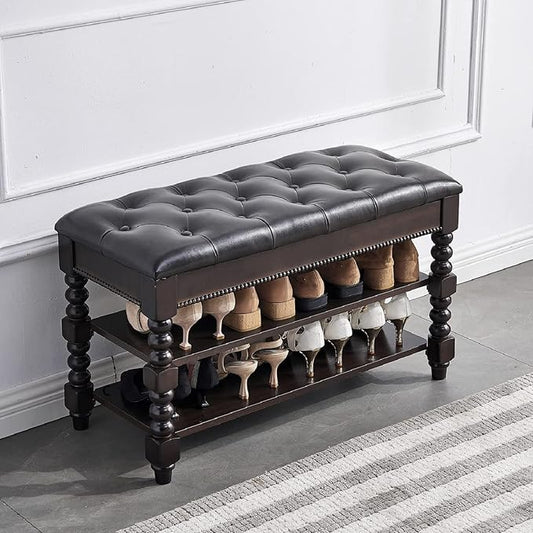 LEILISI Shoe Bench, Wood Storage Bench with Cushion Seat, Shoe Rack with Hidden Storage Space for Entryway Living Room Bedroom Hallway (Walnut, 31.5'')