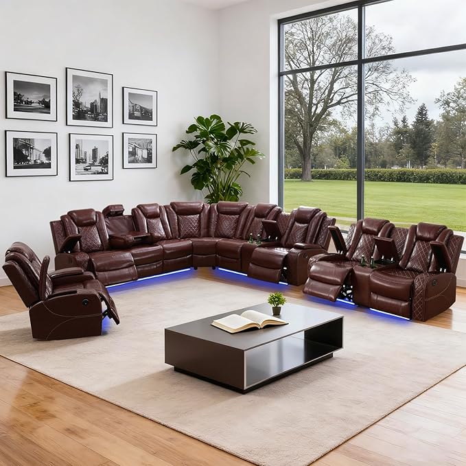 Leather Power Recliner Sectional Sofa Set with LED Light,L Shaped Leather Couch Set with 5 Recliner Seats,Modular Sofa with USB Port for Living Room Furniture(Red,Sectional+Loveseat+Chair)