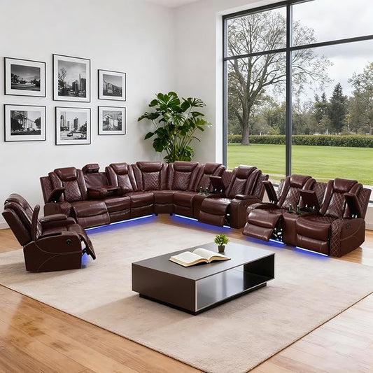 Leather Power Recliner Sectional Sofa Set with LED Light,L Shaped Leather Couch Set with 5 Recliner Seats,Modular Sofa with USB Port for Living Room Furniture(Red,Sectional+Loveseat+Chair)