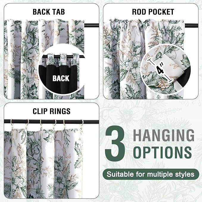 H.VERSAILTEX Full Blackout Vintage Floral Curtains 63 Inch Length for Bedroom Back Tab/Rod Pocket Curtains Room Darkening Thermal Insulated Window Treatment Curtains, 2 Panels, Moss and Wheat