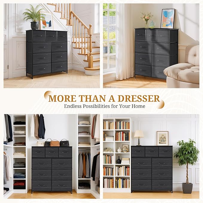 Dresser with 9 Drawers for Bedroom, Fabric Clothes Cabinet for Closet, Anti-Tip Storage Dresser with Metal Frame for Living Room, Entryway, Dorm, Charcoal Black