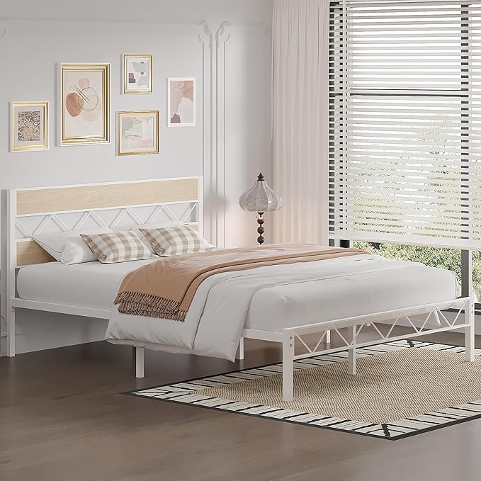 VECELO Queen Size Bed Frame with Headboard, Heavy-Duty Platform Bedframe with Metal Slats Support, No Box Spring Needed, Easy Assembly, White & Natural