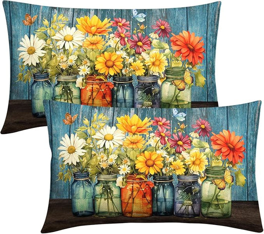 Daisy Floral Lumbar Pillow Covers 12x20 Set of 2 Rustic Vintage Flower Vase Wood Board Throw Pillow Cases Spring Summer Watercolor Flowers Outdoor Pillowcase for Farmhouse Couch Sofa Decor