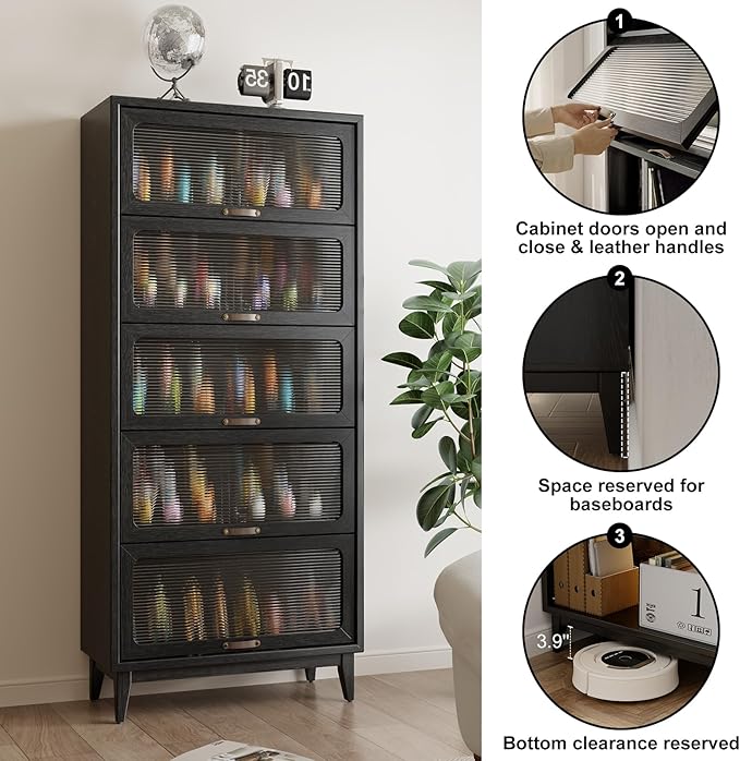 72'Hsolid Wood Bookcase,5 tir Tall Black Book case with Doors,Modern Bookshelf with Door for Kitchen,Freestanding Display Storage Shelves for Collectibles, Living Room Bedroom Home Office