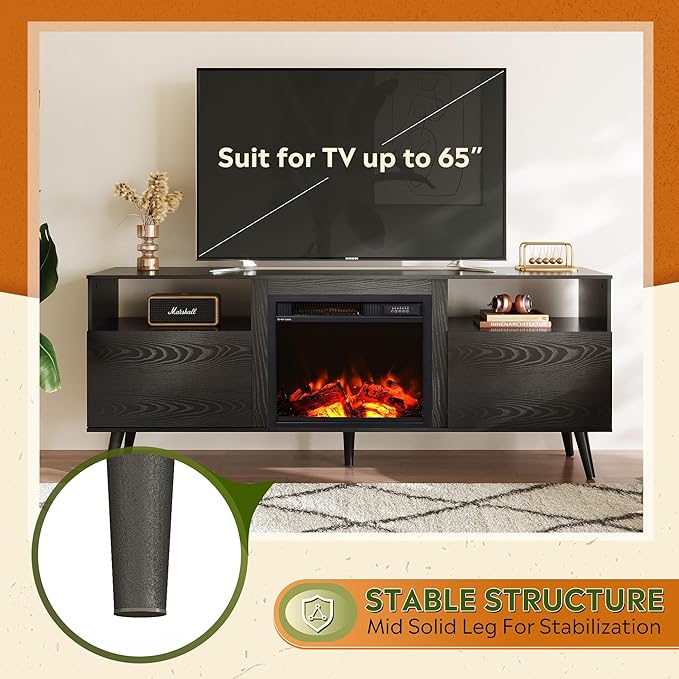 WLIVE Fireplace TV Stand for 55 65 Inch TV, Mid-Century Entertainment Center with Electric Fireplace, Media TV Console with Extra Open Shelf & Storage Cabinets for Living Room, Bedroom, Black