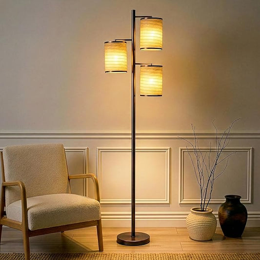 Brightech Liam Tall Tree Lamp with Asian Lantern Shade for Living Rooms and Offices - Standing Lamp with 3 LED Bulbs for Bedroom Reading - Bronze