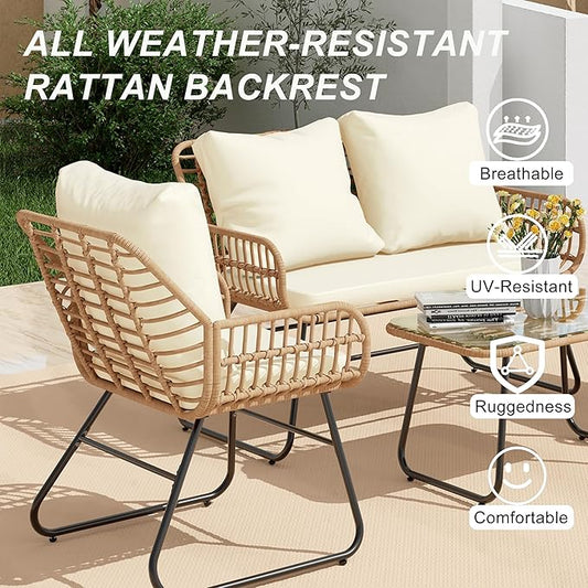 LEX CRAFT 4-Piece Wicker Outdoor Patio Furniture Set with Cushions & Tempered Glass Table, All-Weather Rattan Bistro Set with Loveseat Chairs Table Soft Cushions for Garden, Porch, Backyard (Beige)