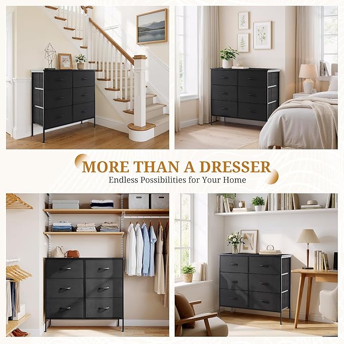 6-Drawer Fabric Dresser, Chest of Drawers Clothes Cabinet for Closet & Bedroom, Storage Organizer with Steel Frame for Entryway, Dorm, Living Room, Black