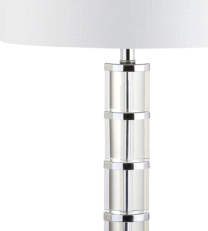 JONATHAN Y 26" Clear Crystal and Chrome LED Table Lamp, Modern Glam Pillar Bedside Lamp with White Linen Drum Shade for Living Room Bedroom, LED Bulb Included JYL2053A