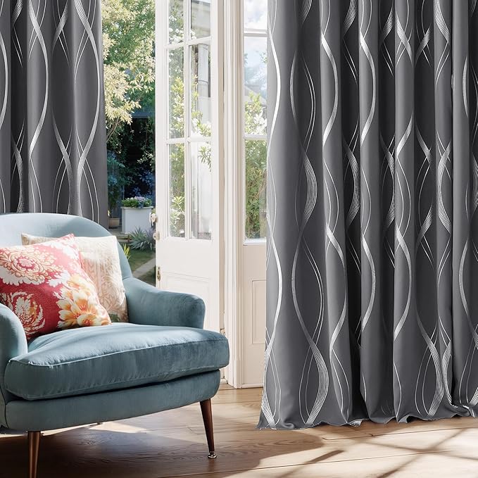 NICETOWN Gray Blackout Curtains 72 inch Long for Bedroom - Microfiber Noise Reducing Thermal Insulated Wave Line Foil Print Design Drapes for Patio Sliding Glass Door (2 Panels, 52 x 72 Inch)