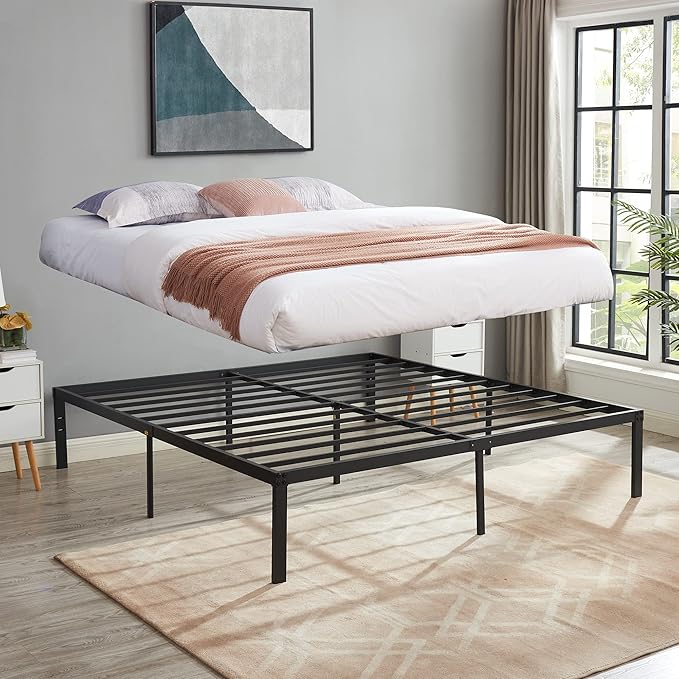 VECELO 16" King Size Metal Platform Tall Bed Frame,Heavy Duty Steel Slat/Easy Assembly Mattress Foundation/No Box Spring Needed