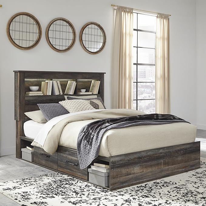 Signature Design by Ashley Drystan Rustic Queen Bookcase Bed with 4 Storage Drawers, Open Cubbies and LED Light, Foundation or Box Spring Not Needed, Dark Brown & Gray