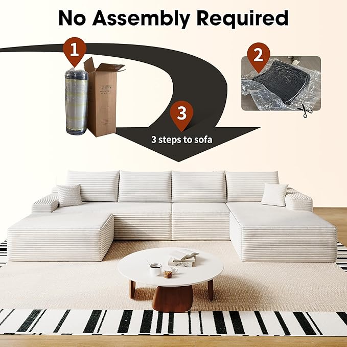 135" U Shaped Boneless Couch with Ottoman, Convertible Sleeper Compression Sofa, Corduroy Couch Sectional for Living Room Bedroom, Deep Seat Foam Cloud Sofas No Assembly, Right Facing Chaise, White