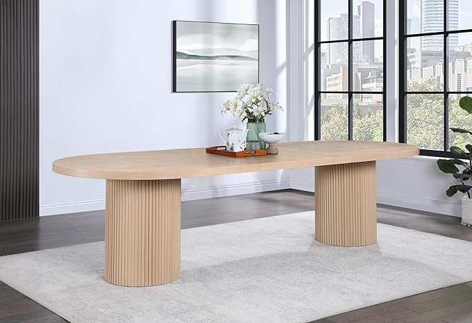 Meridian Furniture 725Oak-T Belinda Collection Mid-Century Modern Solid Wood White Oak Veneer Dining Table, Oval Design, Fluted Bases, 2 Leaves Included, 90"/106.5"/123" W x 47.5" D x 31" H, White