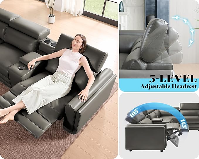 AMERLIFE Power Recliner Sofa, 129 Inch Oversized Reclining Sofa with Console & Speaker, 5 Seats L Shaped Sectional Couch for Living Room, Dark Grey Leather
