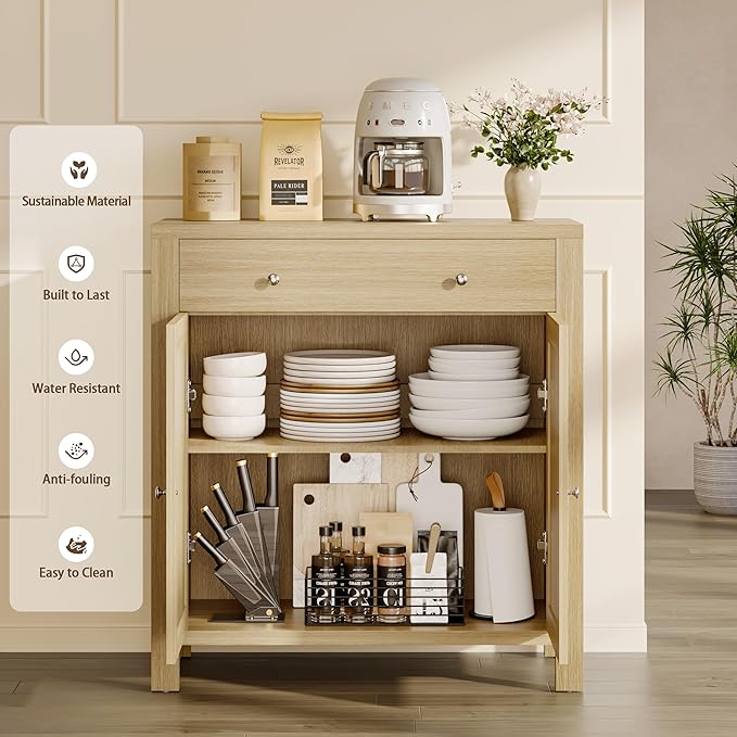 31" Sideboard Buffet Cabinet, Farmhouse Buffet Cabinet with Storage, Rattan Doors Cabinet, Multi-Functional Storage Cabinet Console Coffee Bar Cabinets for Entryway Living Room, Light Brown, 1 PCS
