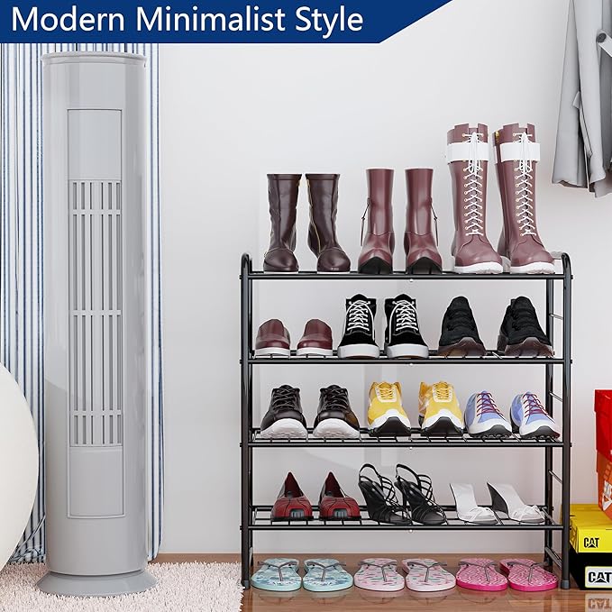REGILLER 4-Tier Stackable Shoe Rack, Expandable & Adjustable Shoe Organizer Storage Shelf, High Capacity, Wire Grid, Black