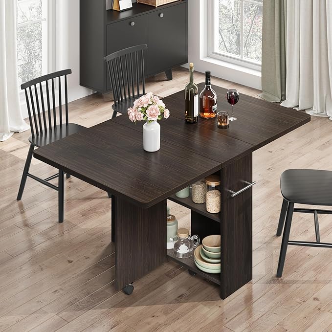 GarveeHome Folding Dining Table, Space Saving Farmhouse Dining Table for 4 Storage Shelf, 6 Wheels Multipose Expandable Kitchen Drop Leaf Table for Small Spac