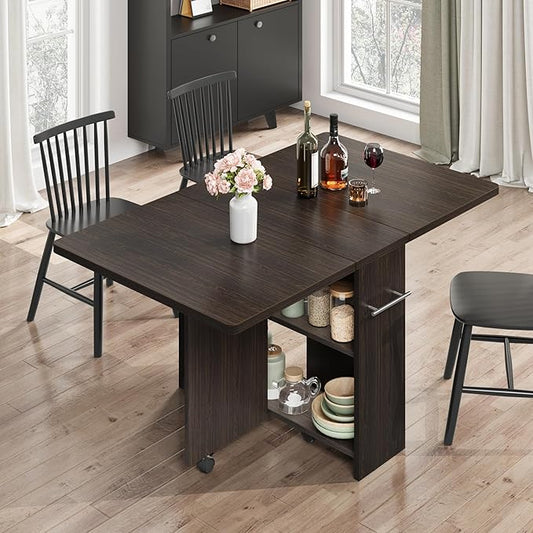 GarveeHome Folding Dining Table, Space Saving Farmhouse Dining Table for 4 Storage Shelf, 6 Wheels Multipose Expandable Kitchen Drop Leaf Table for Small Spac