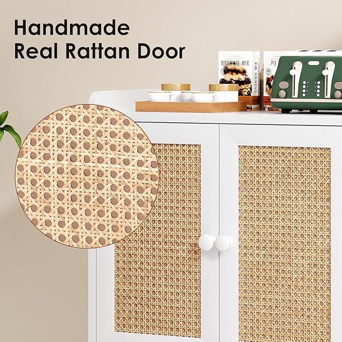 Sideboard Buffet Cabinet with Storage, Rustic Bar Liquor Cabinet with Boho Rattan Decorated Doors, Retro Credenza Console Table for Dining Room Living Room Hallway EntryWay, White