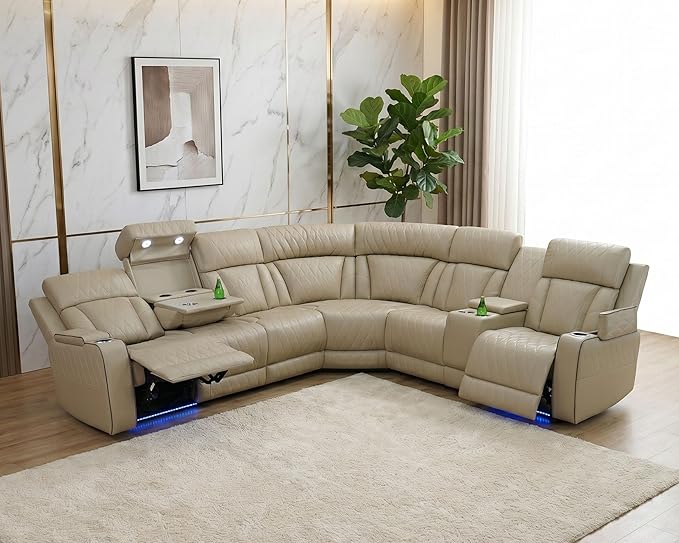 Power Recliner Sectional Sofa with LED, Breathing Leather Reclining Sectional Couch, L Shaped Couch with Dual Recliners, USB Port, Cup Holder&Storage for Living Room (Beige)