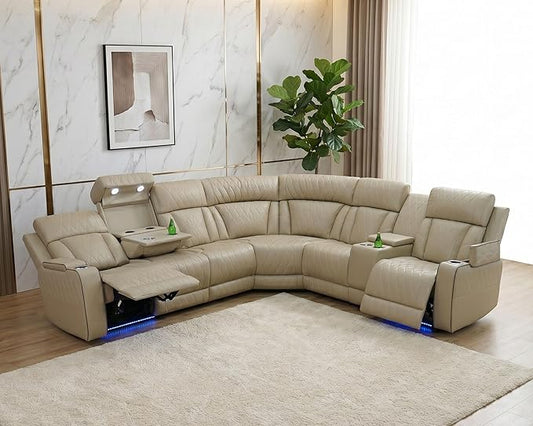 Power Recliner Sectional Sofa with LED, Breathing Leather Reclining Sectional Couch, L Shaped Couch with Dual Recliners, USB Port, Cup Holder&Storage for Living Room (Beige)
