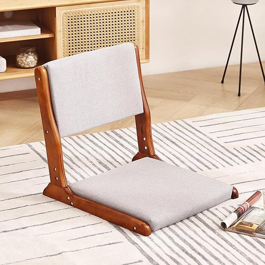 Tiita Foldable Tatami Chair, Japanese Floor Chair, Wood Legless Back Rest Chairs with Cushion, Accent Meditation Floor Chairs Bay Window, Walnut Grey
