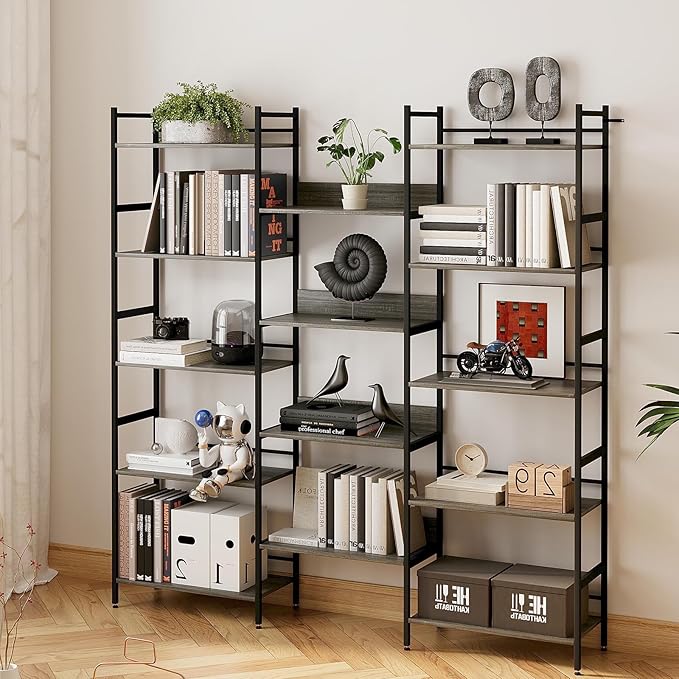 5 Tier Bookshelf, Large Open Bookshelves for Living Room with 14 Display Shelves & Anti-Tip Baffles, Rustic Standing Shelf for Home Office, Bedroom