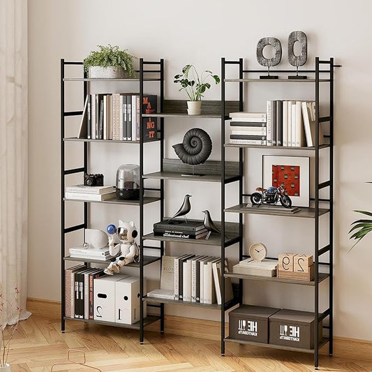 5 Tier Bookshelf, Large Open Bookshelves for Living Room with 14 Display Shelves & Anti-Tip Baffles, Rustic Standing Shelf for Home Office, Bedroom